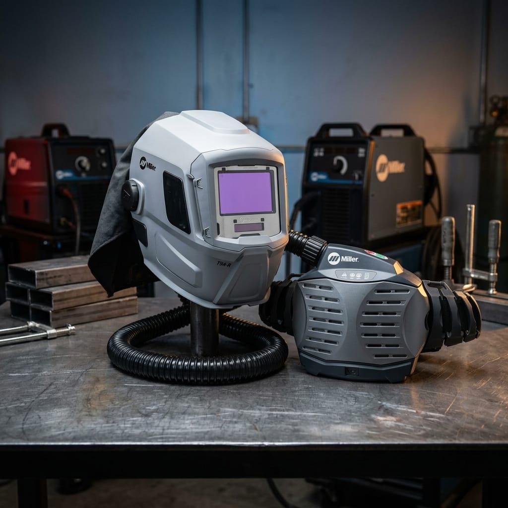 Miller T94-R welding helmet with integrated powered air purifying respirator system on a metal workbench