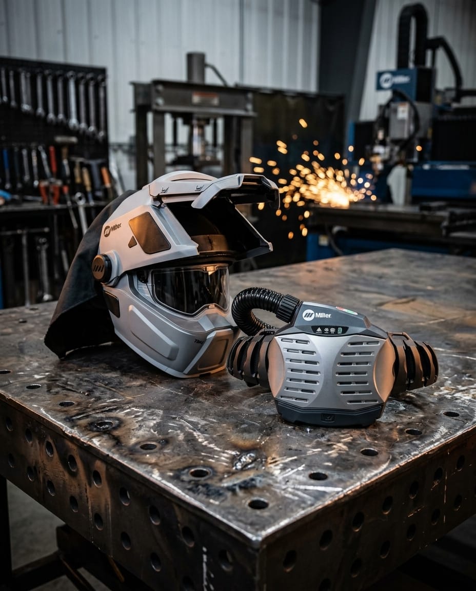 Miller welding helmet and PAPR blower unit on a metal workbench