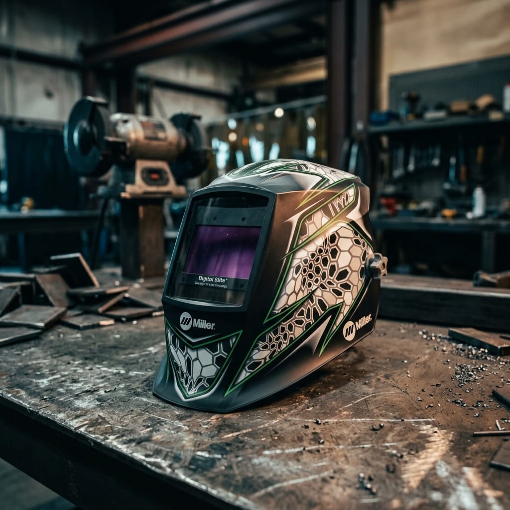 Miller Digital Elite welding helmet with green and black honeycomb pattern on a workbench