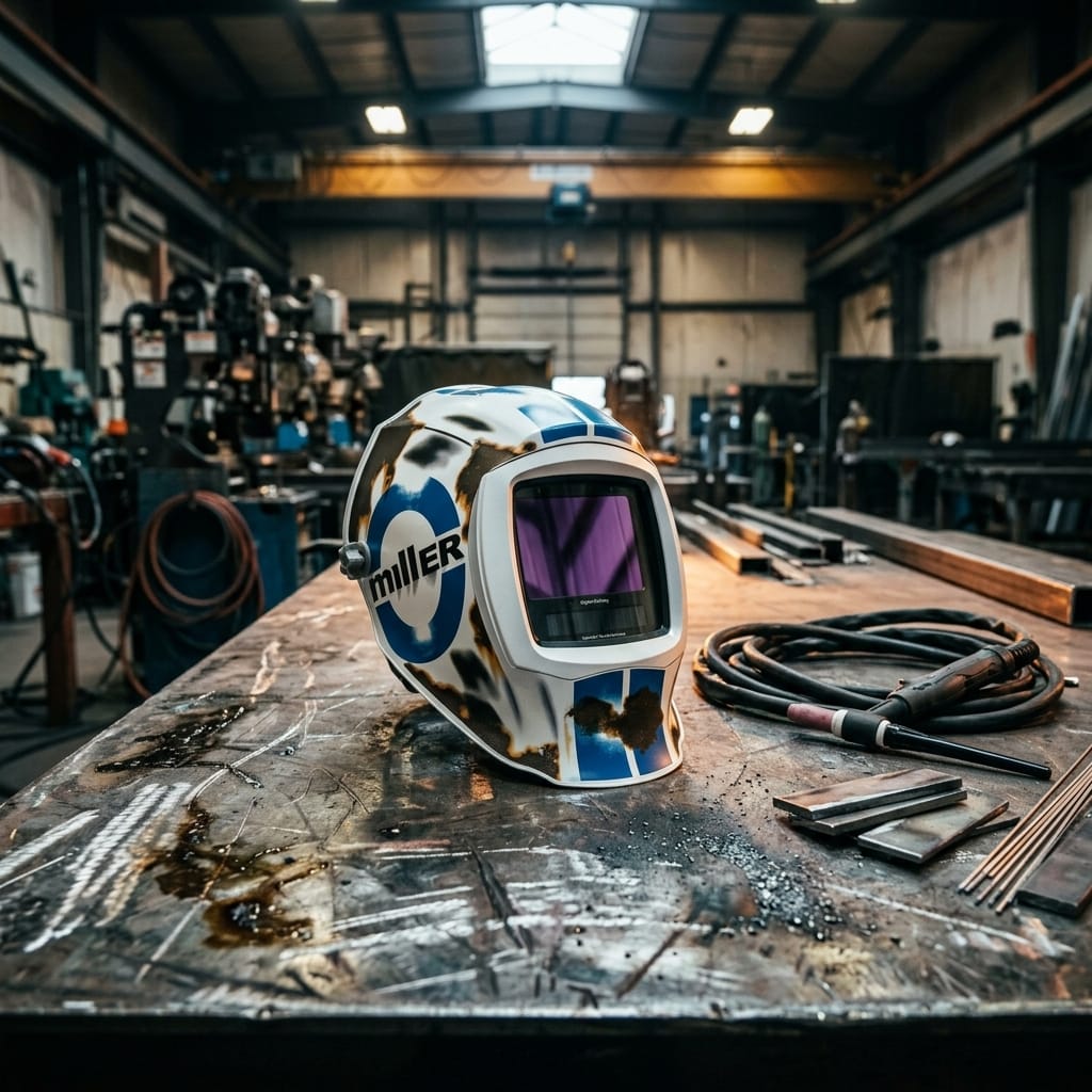 Miller welding helmet with blue and white racing stripes on a metal workbench in a workshop