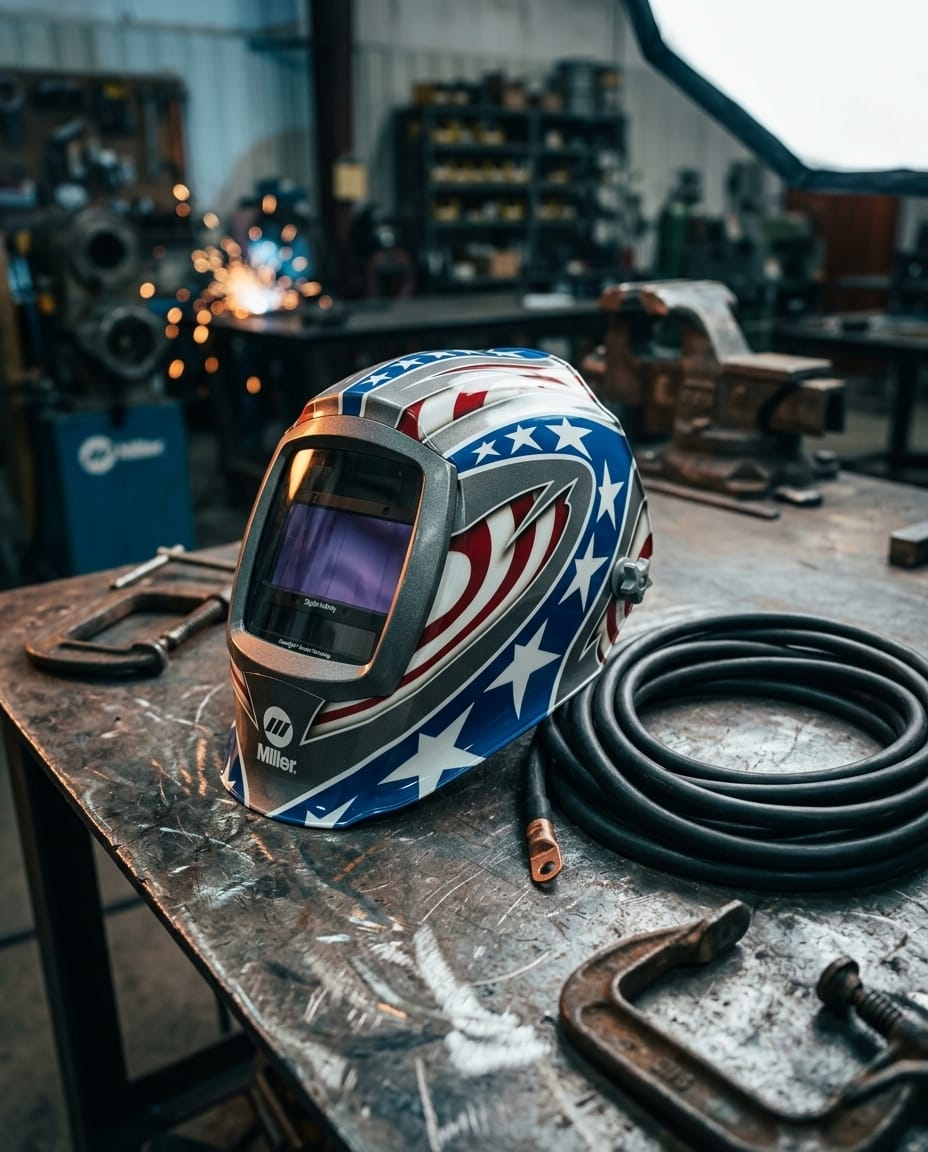 Miller welding helmet with American flag pattern on a metal workbench
