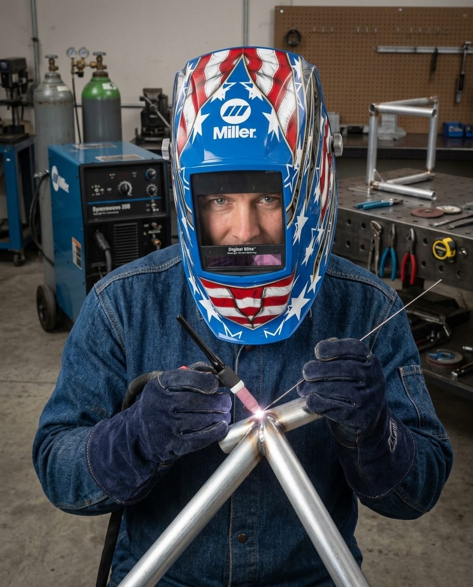 Welder wearing a Miller Digital Elite helmet with American flag design while TIG welding metal tubing