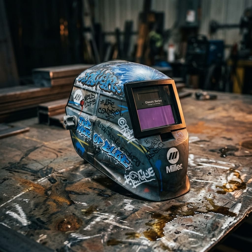 Miller Classic Series welding helmet with blue graffiti design on a workshop workbench