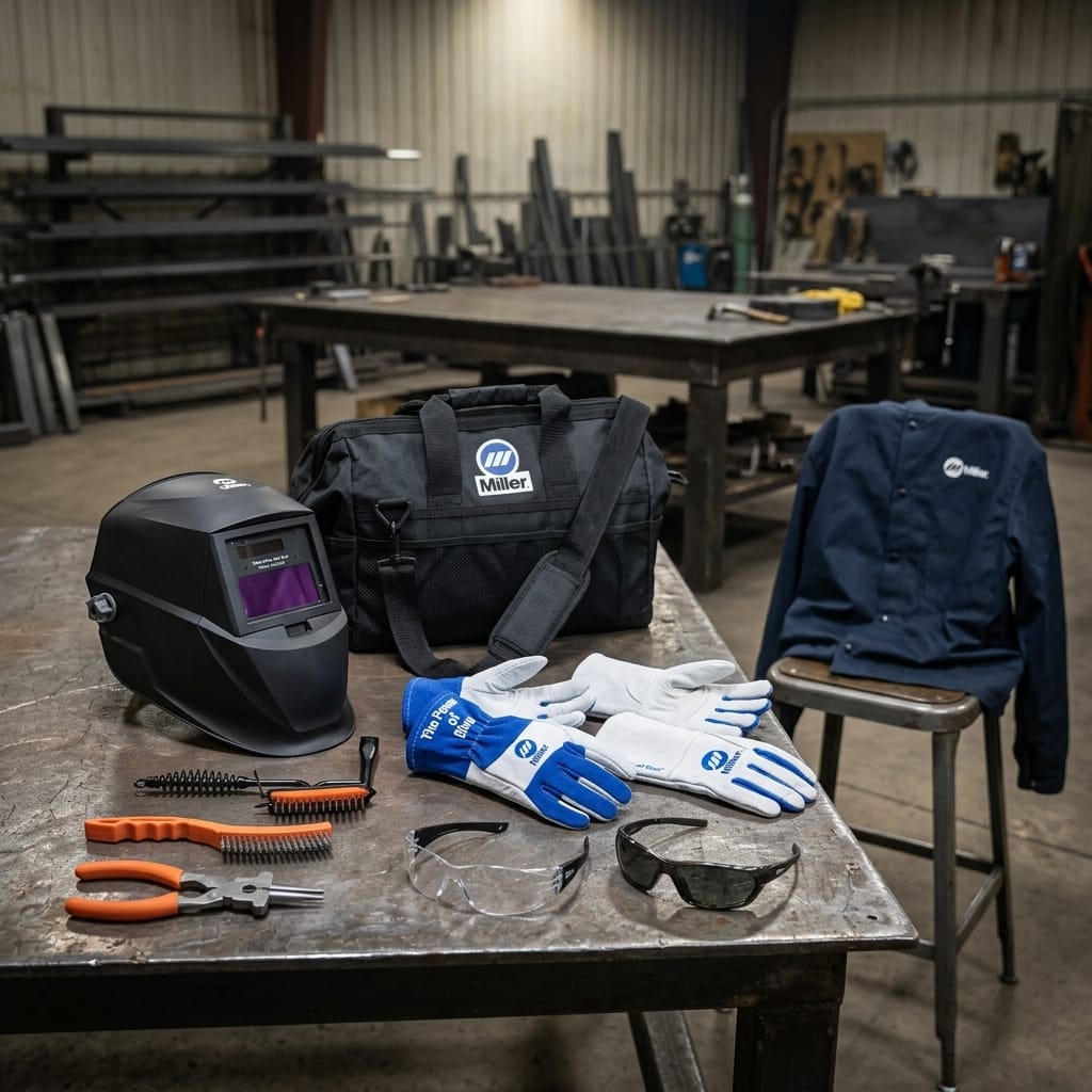 Miller welding gear including helmet, tool bag, jacket, gloves, safety glasses, and hand tools on a metal workbench