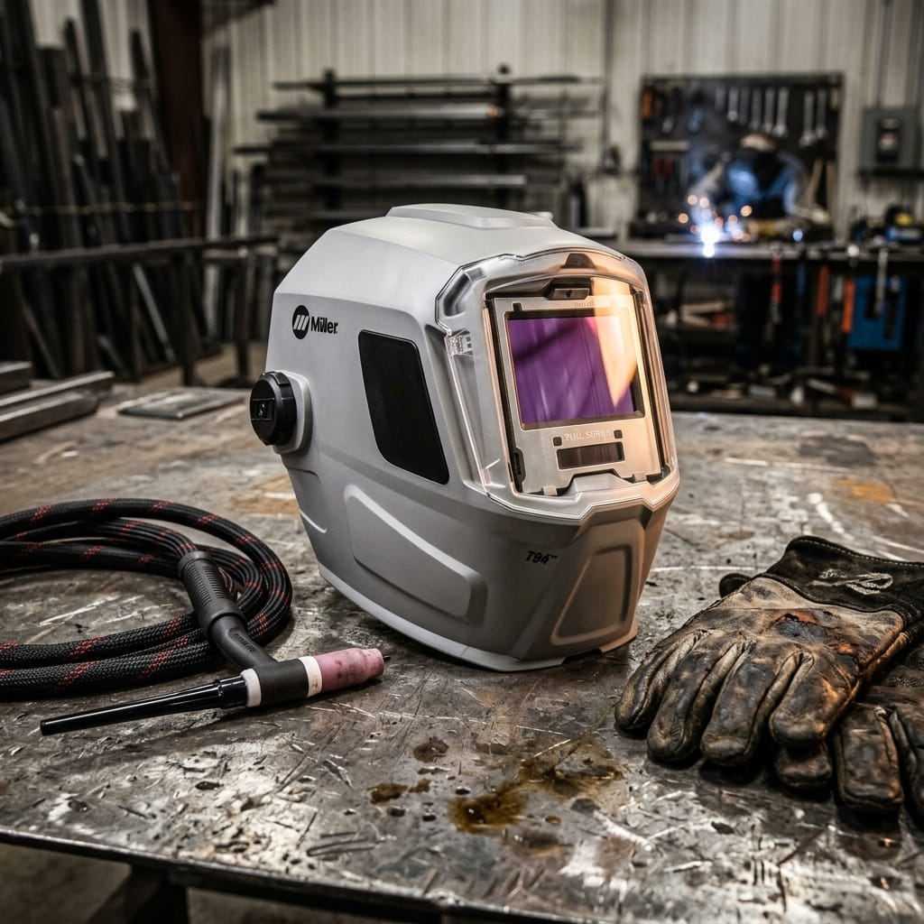 Miller T94 welding helmet with TIG torch and leather gloves on a metal workbench