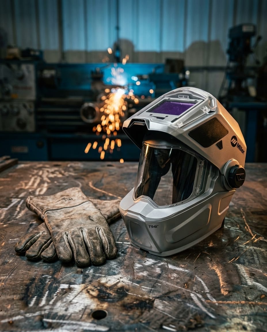 Miller T94i welding helmet and leather gloves on a metal workbench with sparks in the background