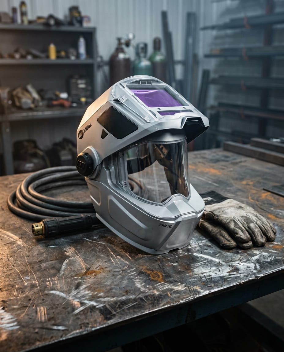 Miller T94i-AL welding helmet with clear face shield on a metal workbench