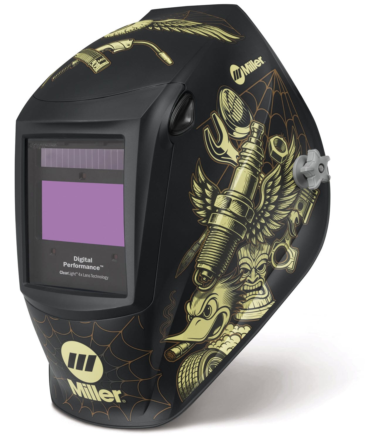 Miller welding helmet with black finish and gold mechanical graphic design