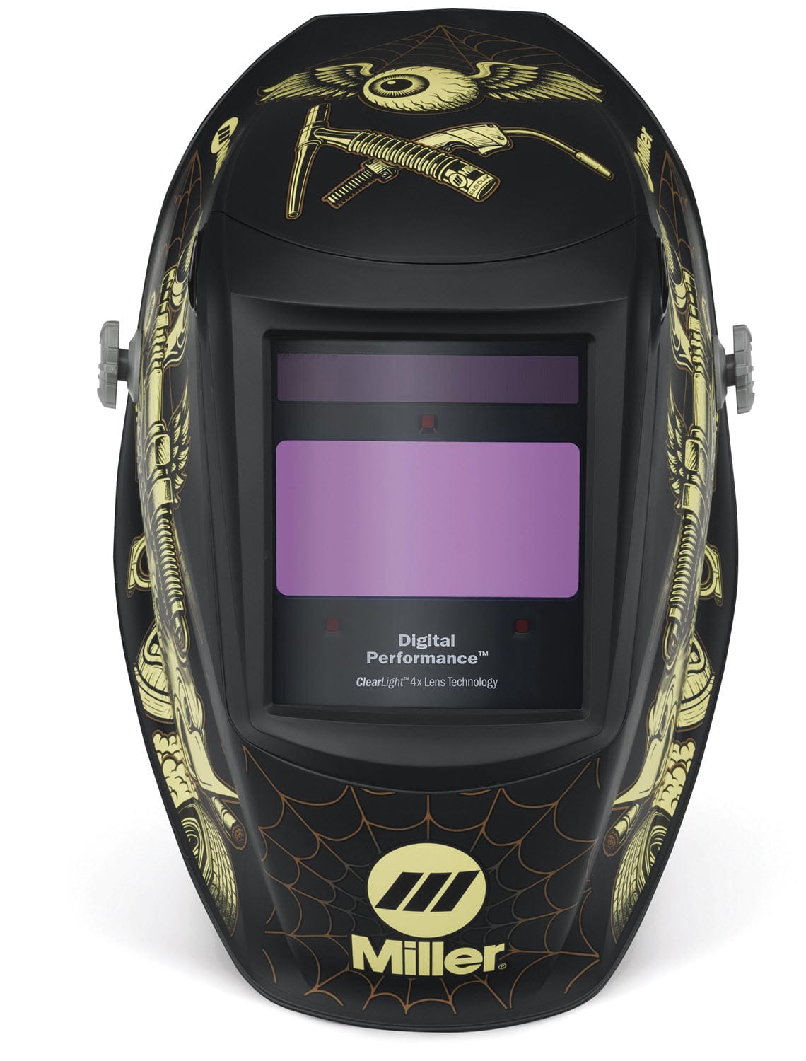 Miller Digital Performance welding helmet with gold graphic design on black shell