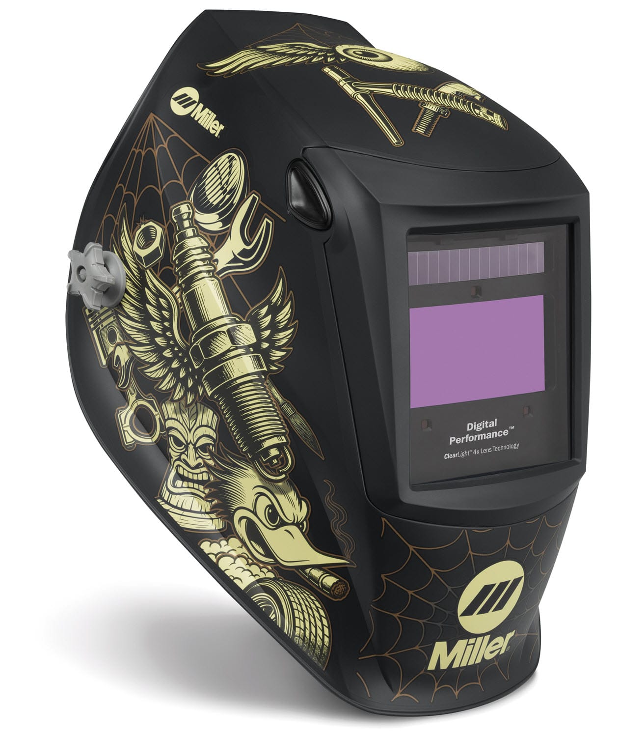 Miller Digital Performance welding helmet with black finish and gold automotive graphic design