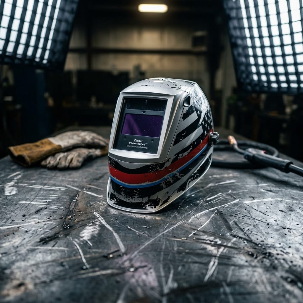 Miller Digital Performance welding helmet with American flag graphic on a metal workbench