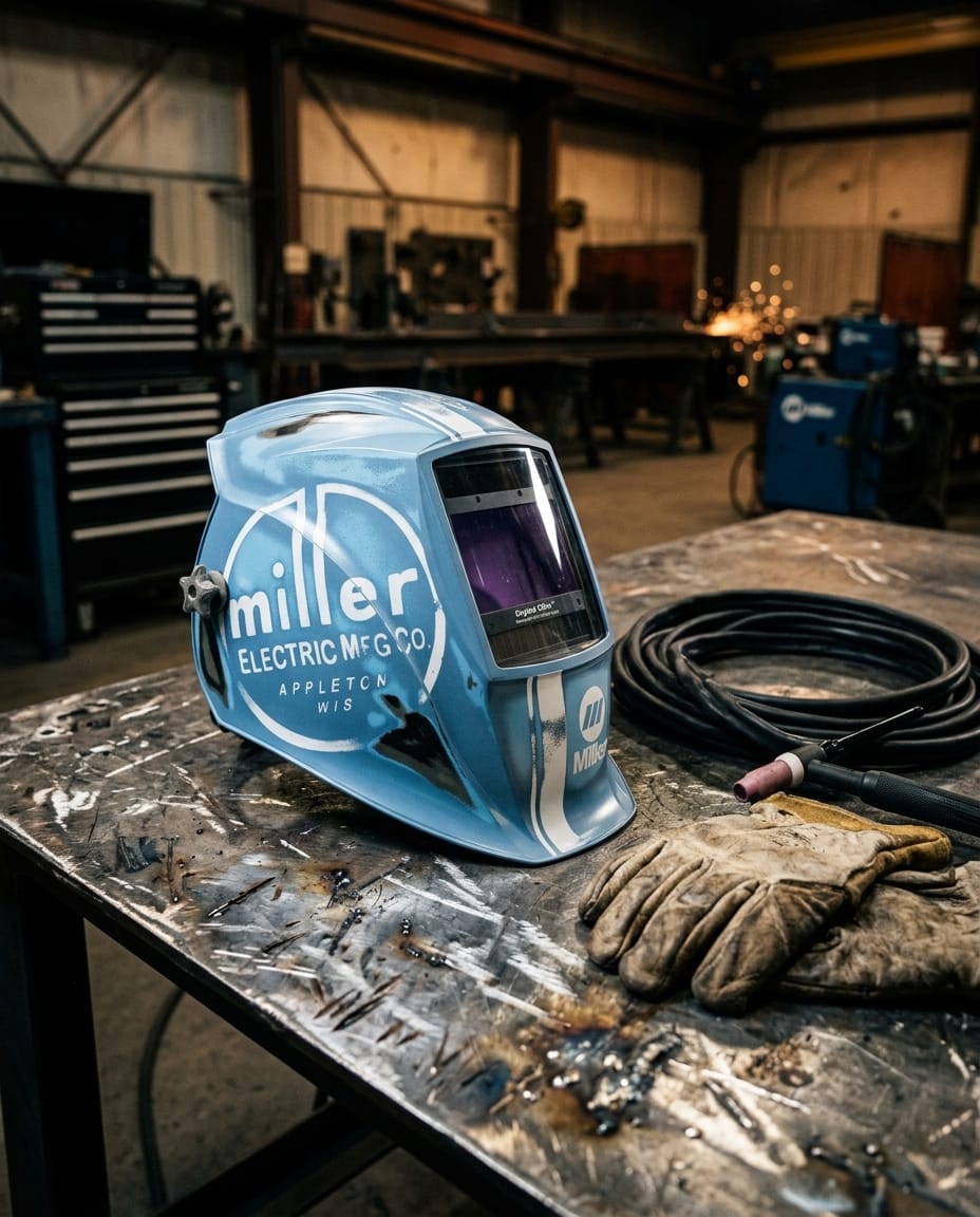 Miller welding helmet on a metal workbench with welding gloves and a TIG torch