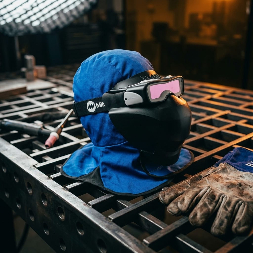 Miller welding respirator mask and blue head covering on a metal workbench