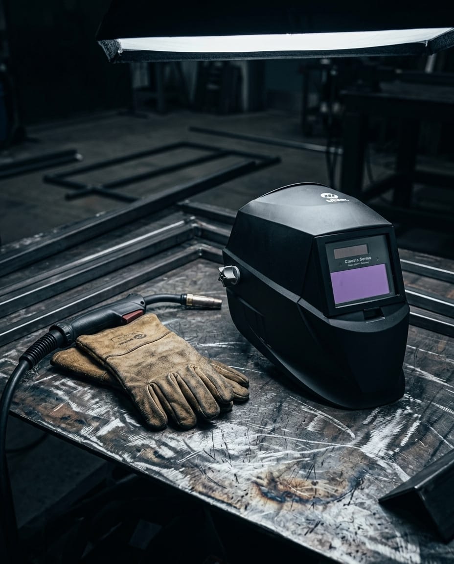 Miller welding helmet and leather gloves on a metal workbench