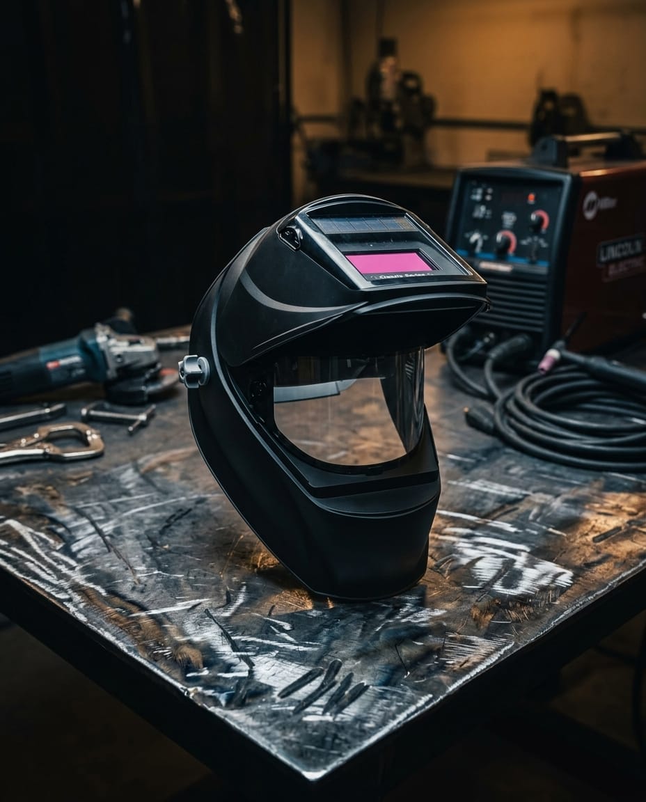 Miller welding helmet with flip up lens on a metal workbench