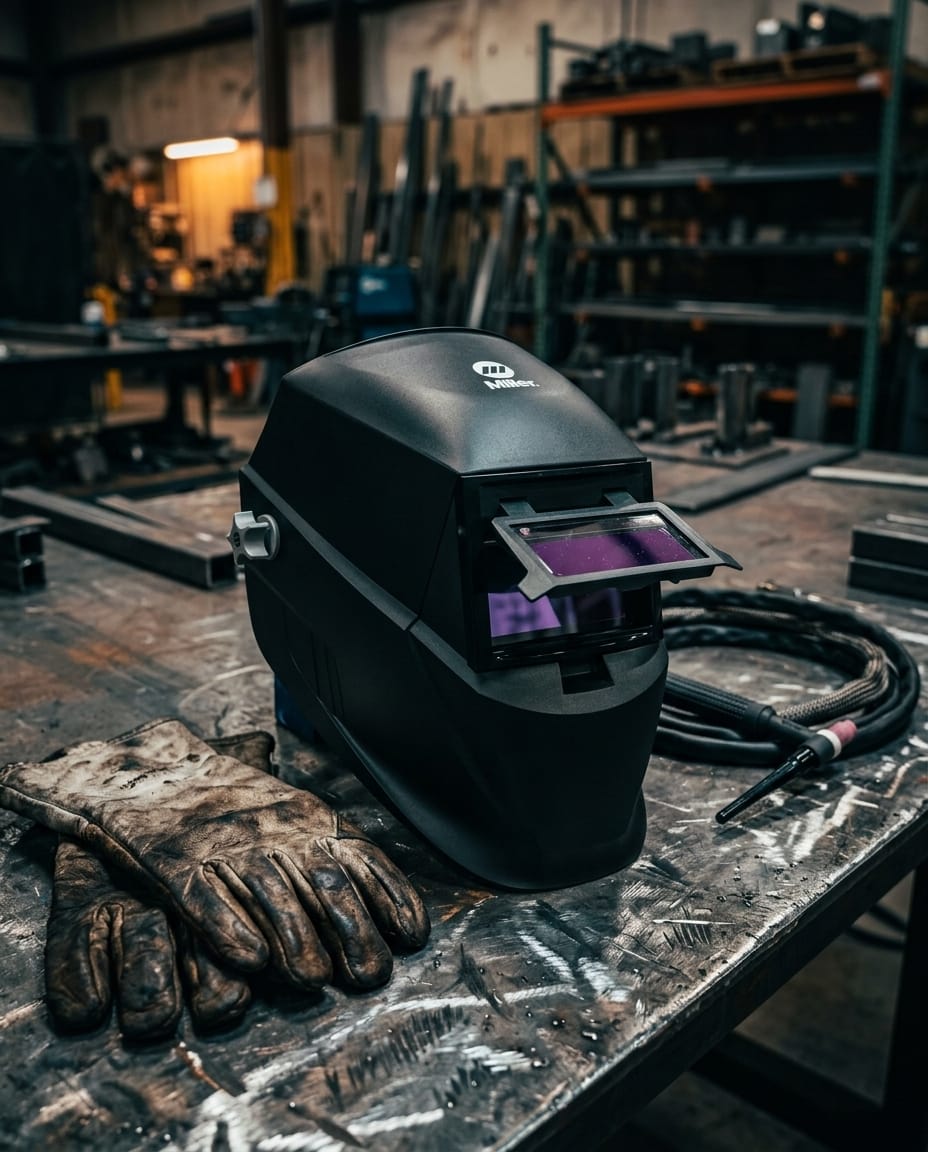 Miller welding helmet with flip up lens on a metal workbench with leather gloves