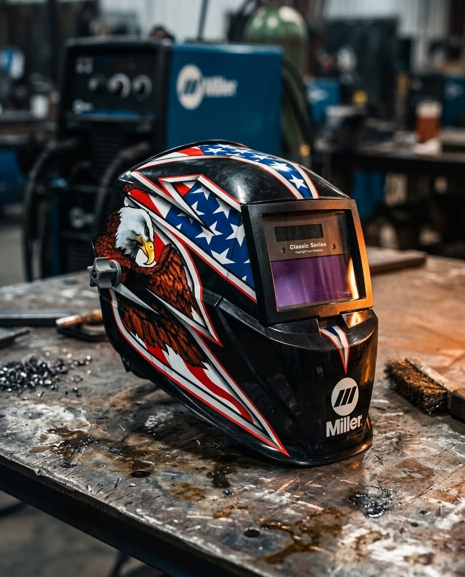 Miller welding helmet with American flag and eagle graphic on a metal workbench