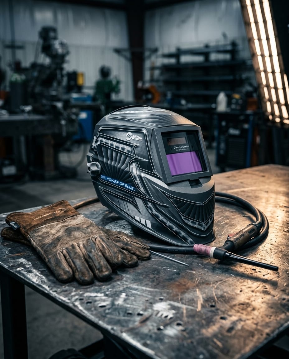 Miller welding helmet with leather gloves and TIG torch on a metal workbench