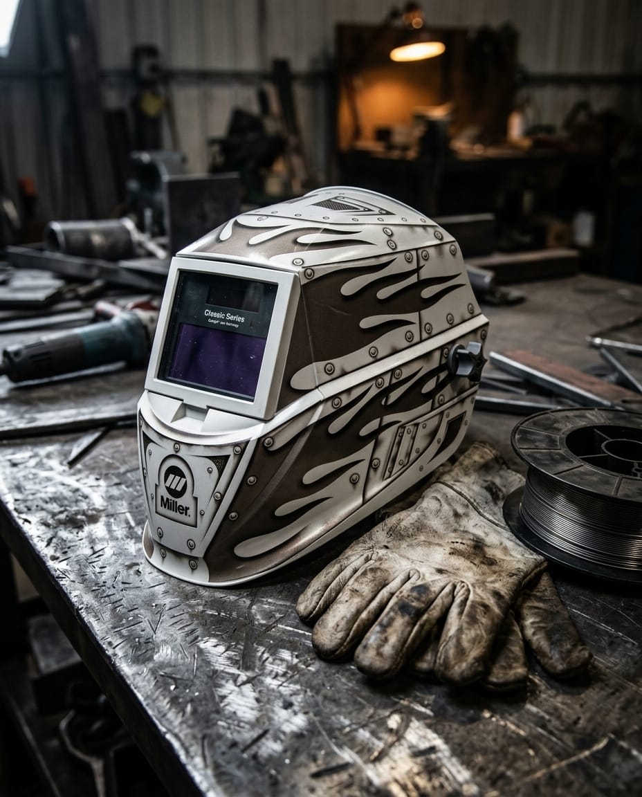 Miller Classic Series welding helmet with flame design on a workshop workbench