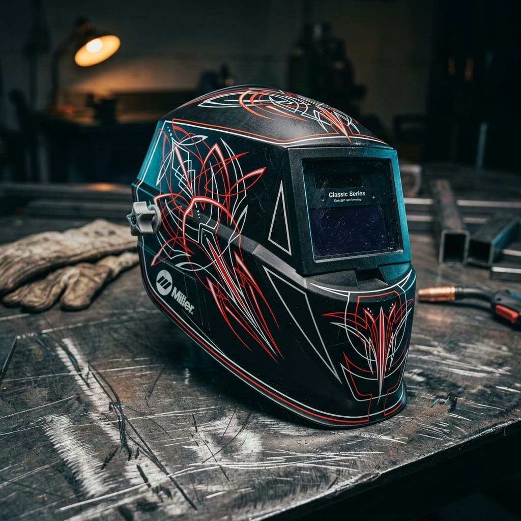 Miller Classic Series welding helmet with red and white pinstripe graphics on a metal workbench