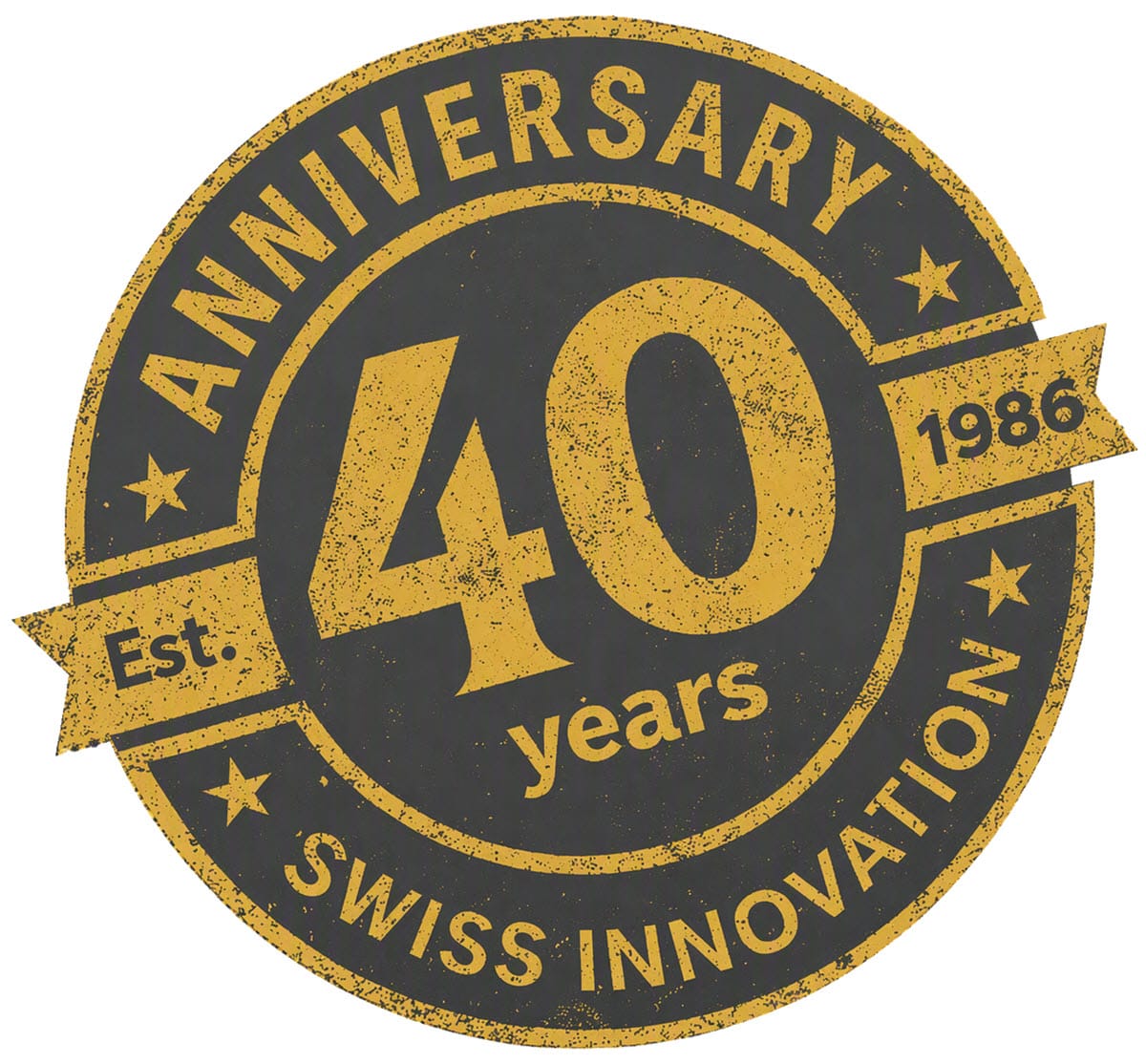 Forty year anniversary badge with text Est 1986 and Swiss Innovation
