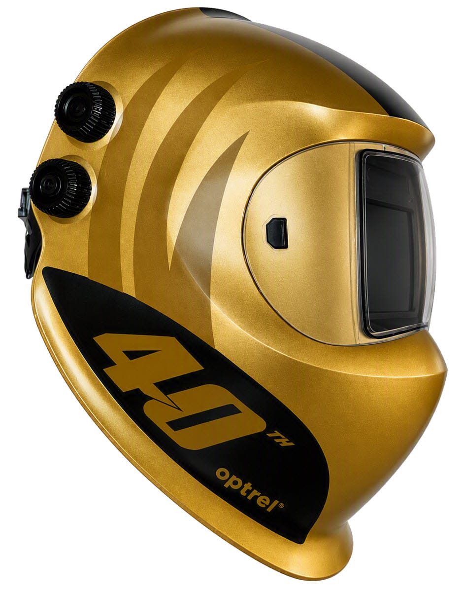 Gold Optrel 40th anniversary welding helmet with side adjustment knobs