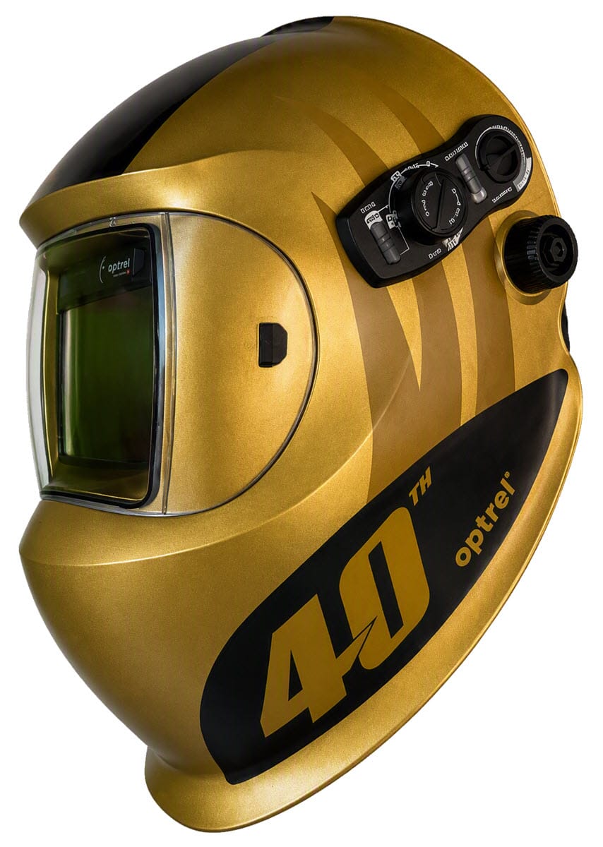 Gold Optrel 40th anniversary welding helmet with side control knobs