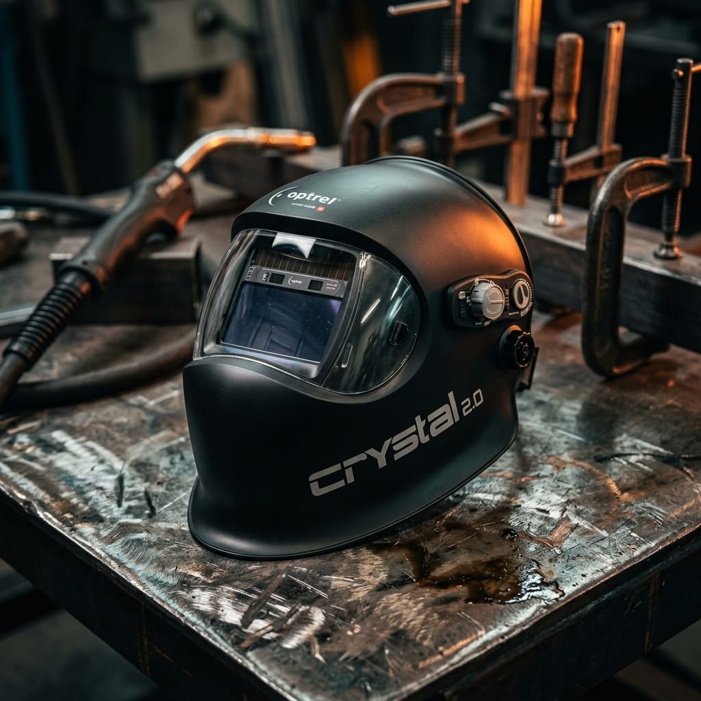 Optrel Crystal 2.0 welding helmet on a metal workbench with welding tools