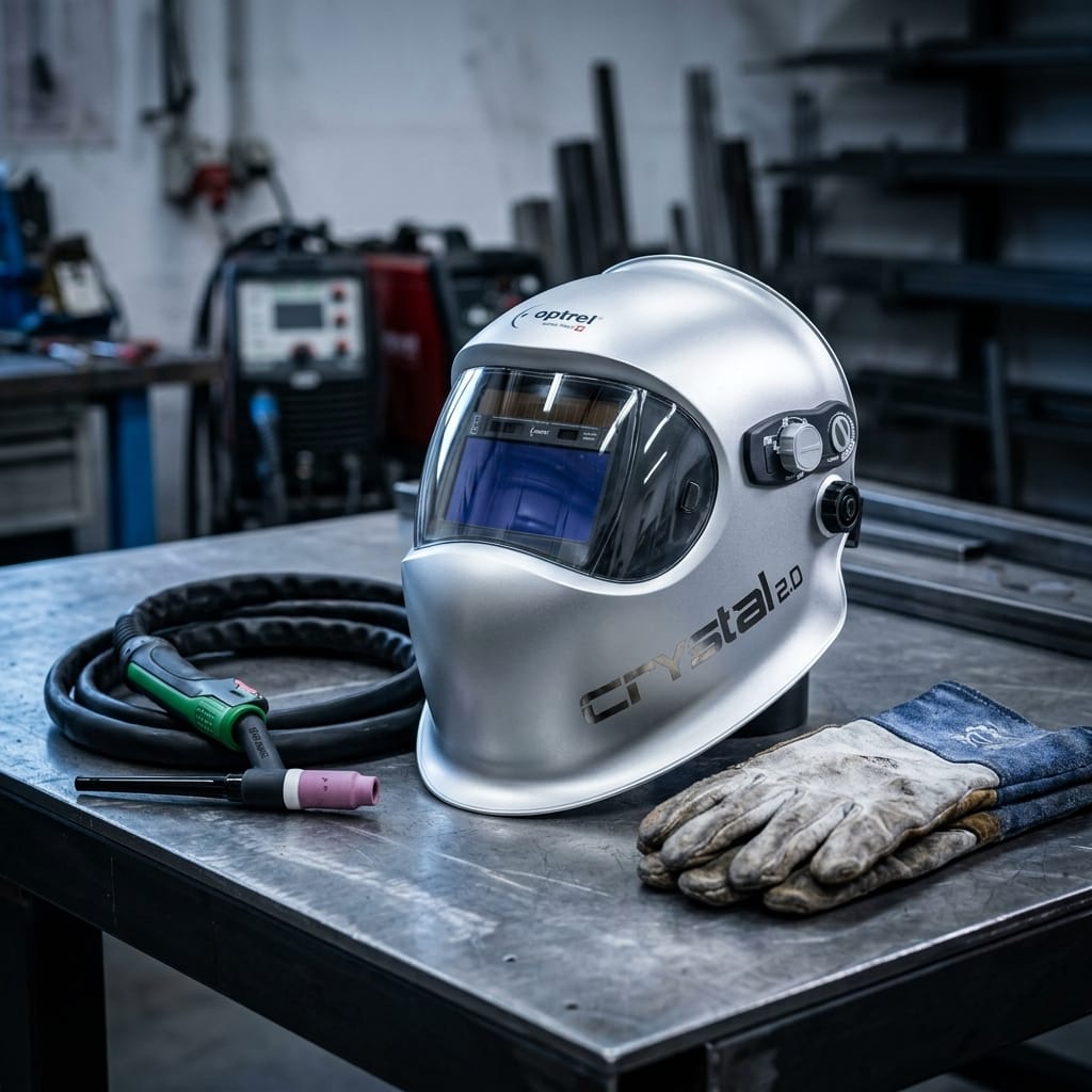 Optrel Crystal 2.0 silver welding helmet with welding torch and gloves on a metal workbench