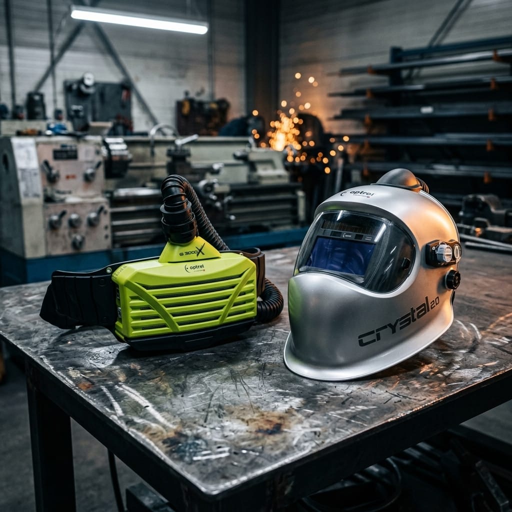 Welding Helmet and PAPR System — Industrial Workshop Lifestyle | Generated by Modelize