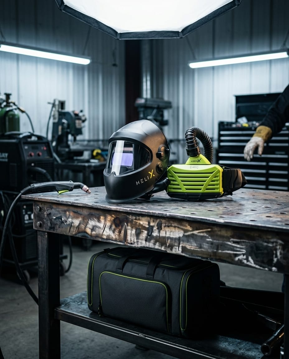 Optrel Helix welding helmet and powered air purifying respirator on a metal workbench