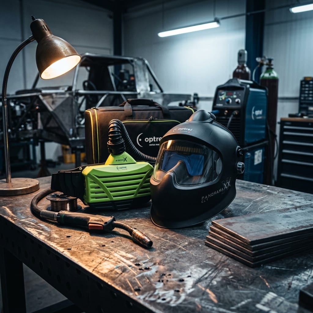 Optrel Panorama welding helmet and air purifying respirator system on a workshop workbench