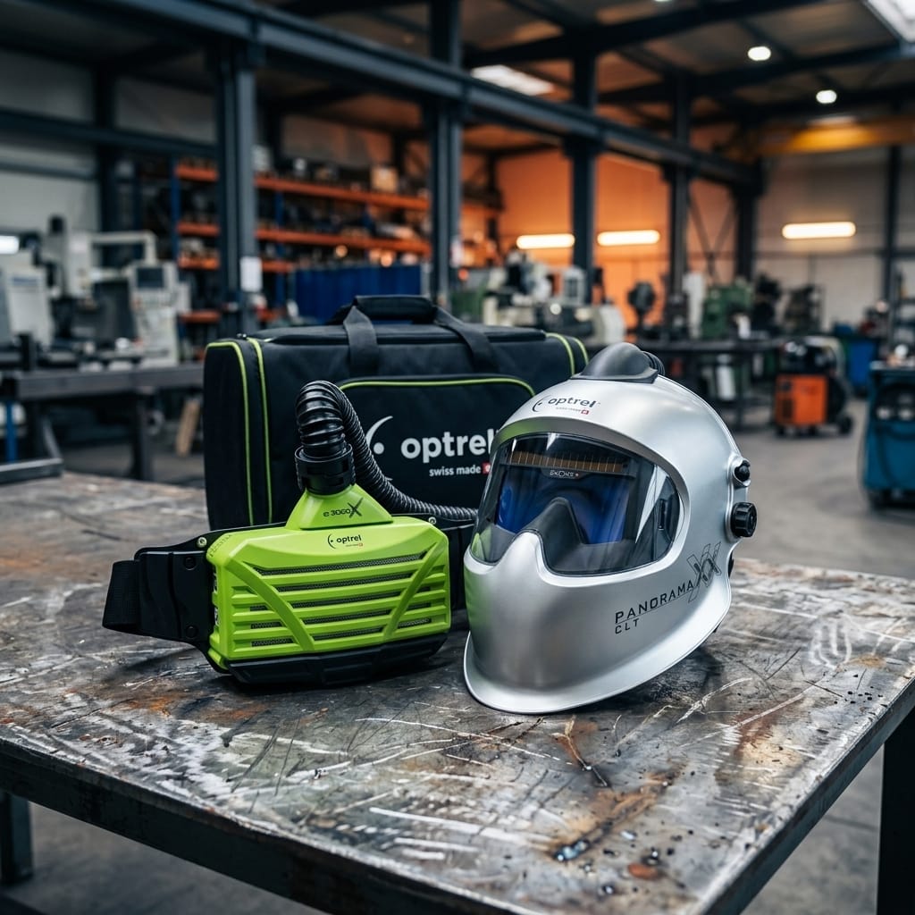 Optrel Panorama CLT welding helmet and e3000X blower unit with storage bag on a workshop table