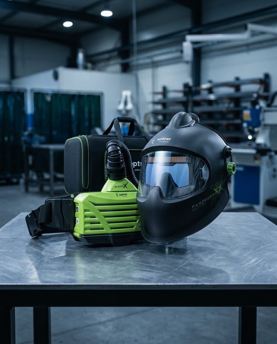 PAPR Welding Helmet System — Workshop Environment | Generated by Modelize