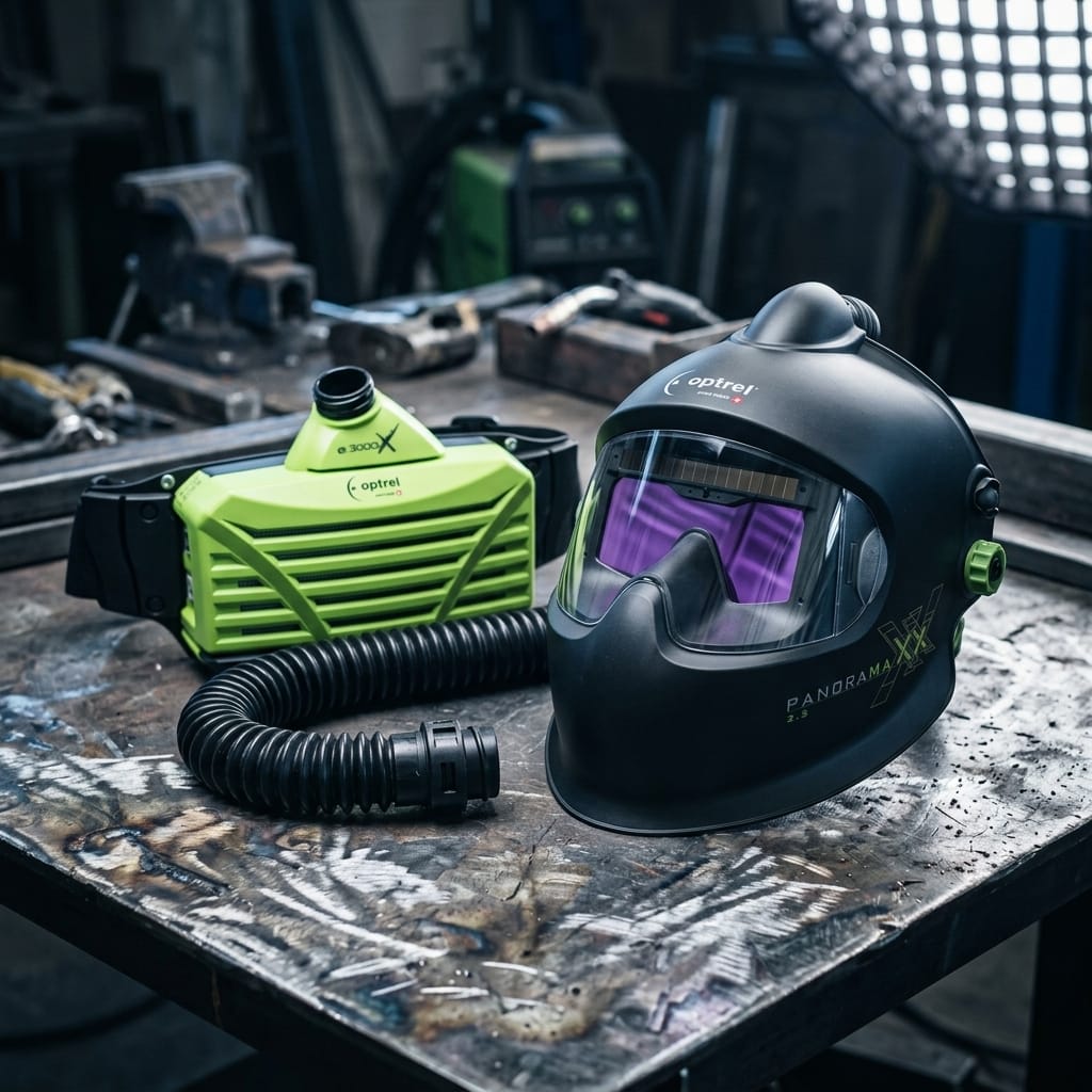 Optrel e3000X blower unit and Panoramaxx welding helmet on a workbench