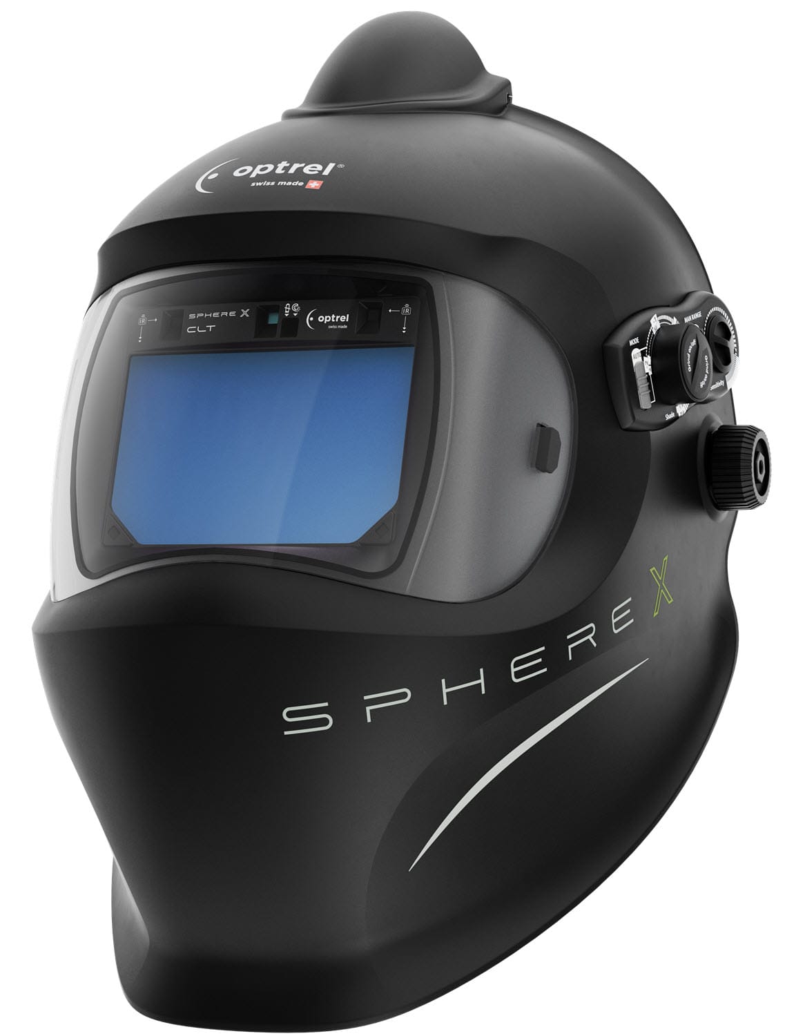 Optrel Sphere X black welding helmet with blue auto-darkening lens and side adjustment knobs