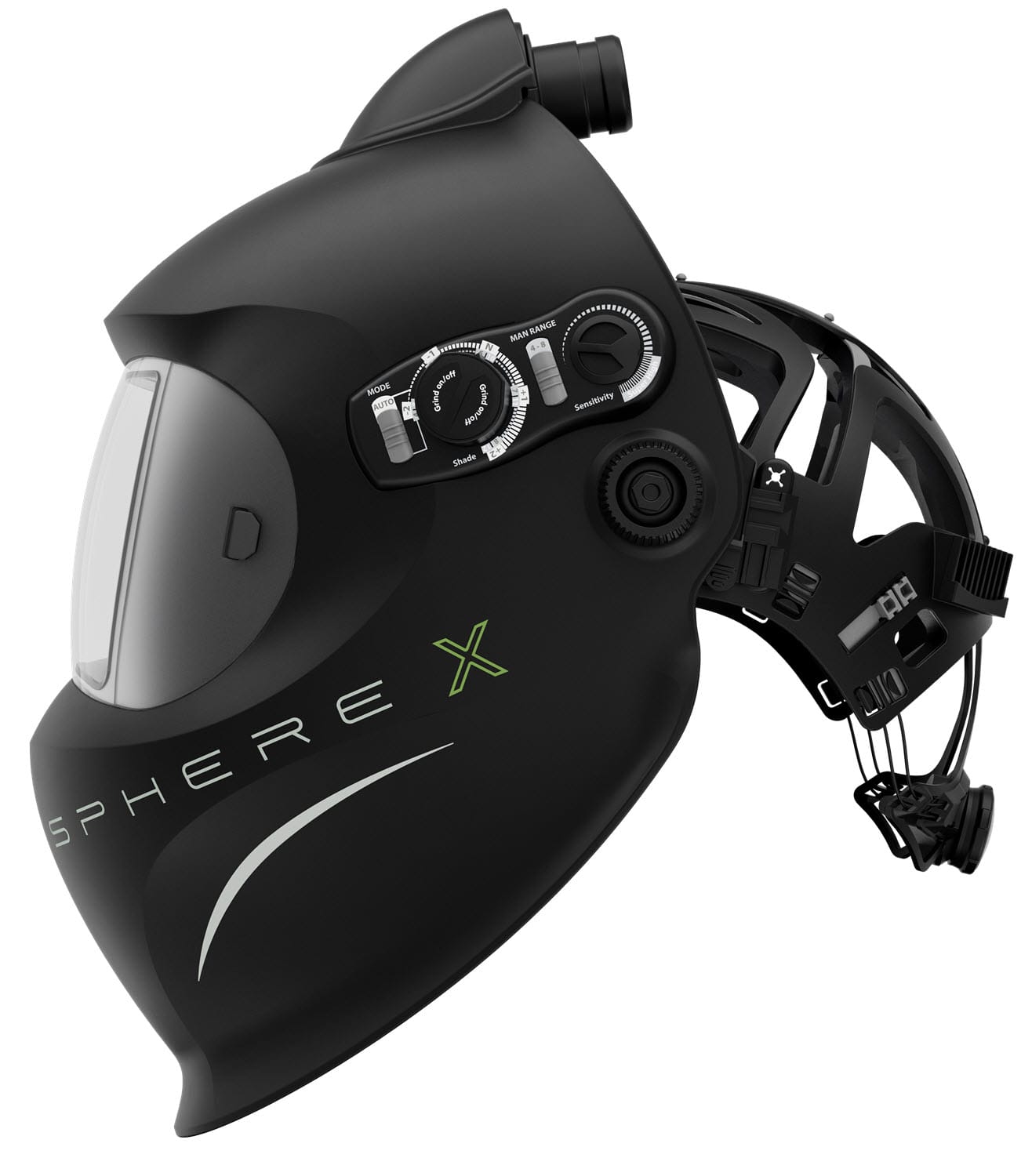Optrel Sphere X black welding helmet with side control dials and adjustable headgear