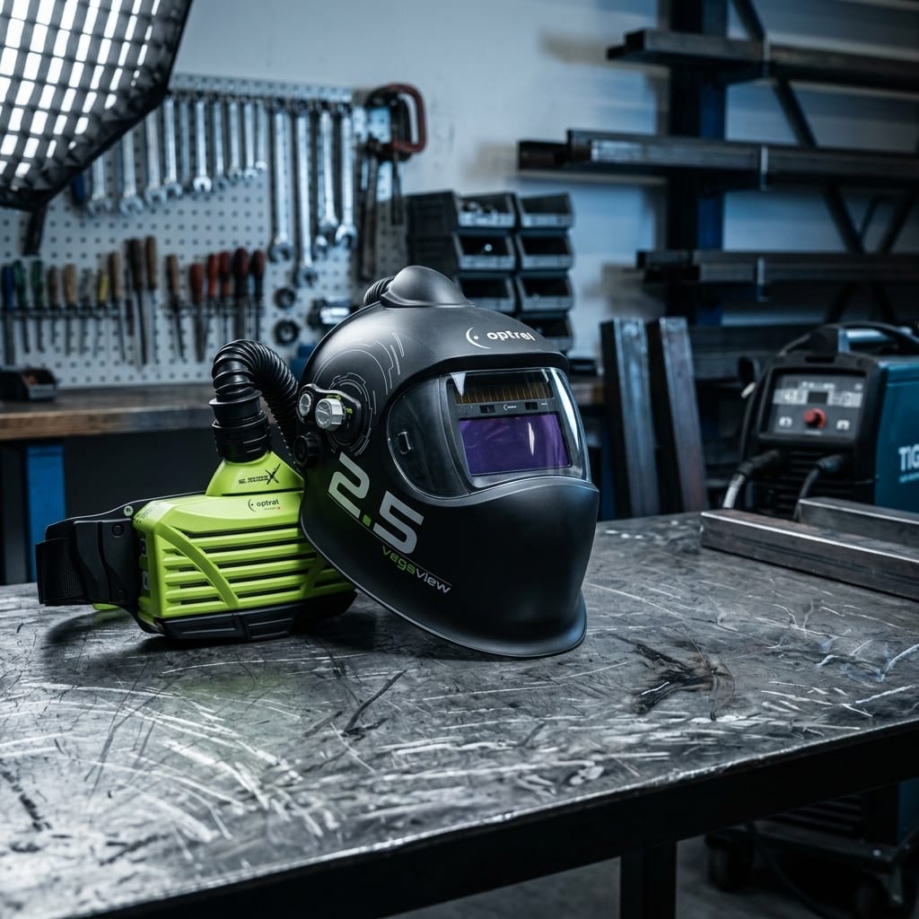 PAPR Welding Helmet System — Industrial Workshop Lifestyle | Generated by Modelize