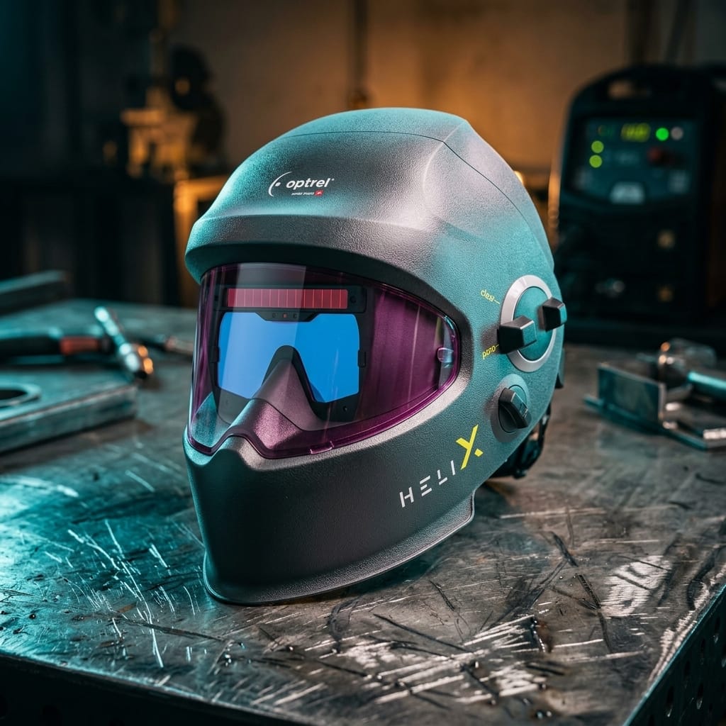 Optrel Helix welding helmet on a metal workbench