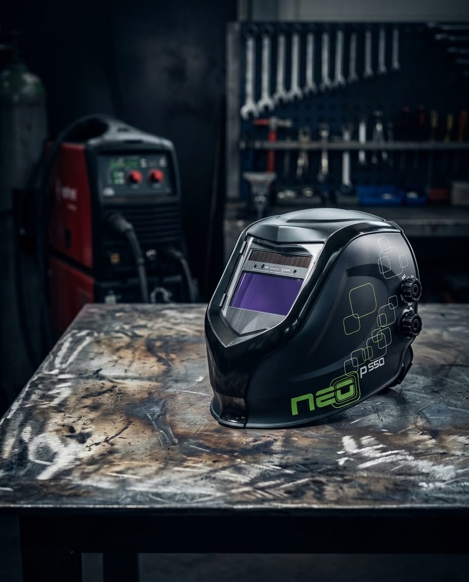 Optrel neo p550 welding helmet on a metal workbench