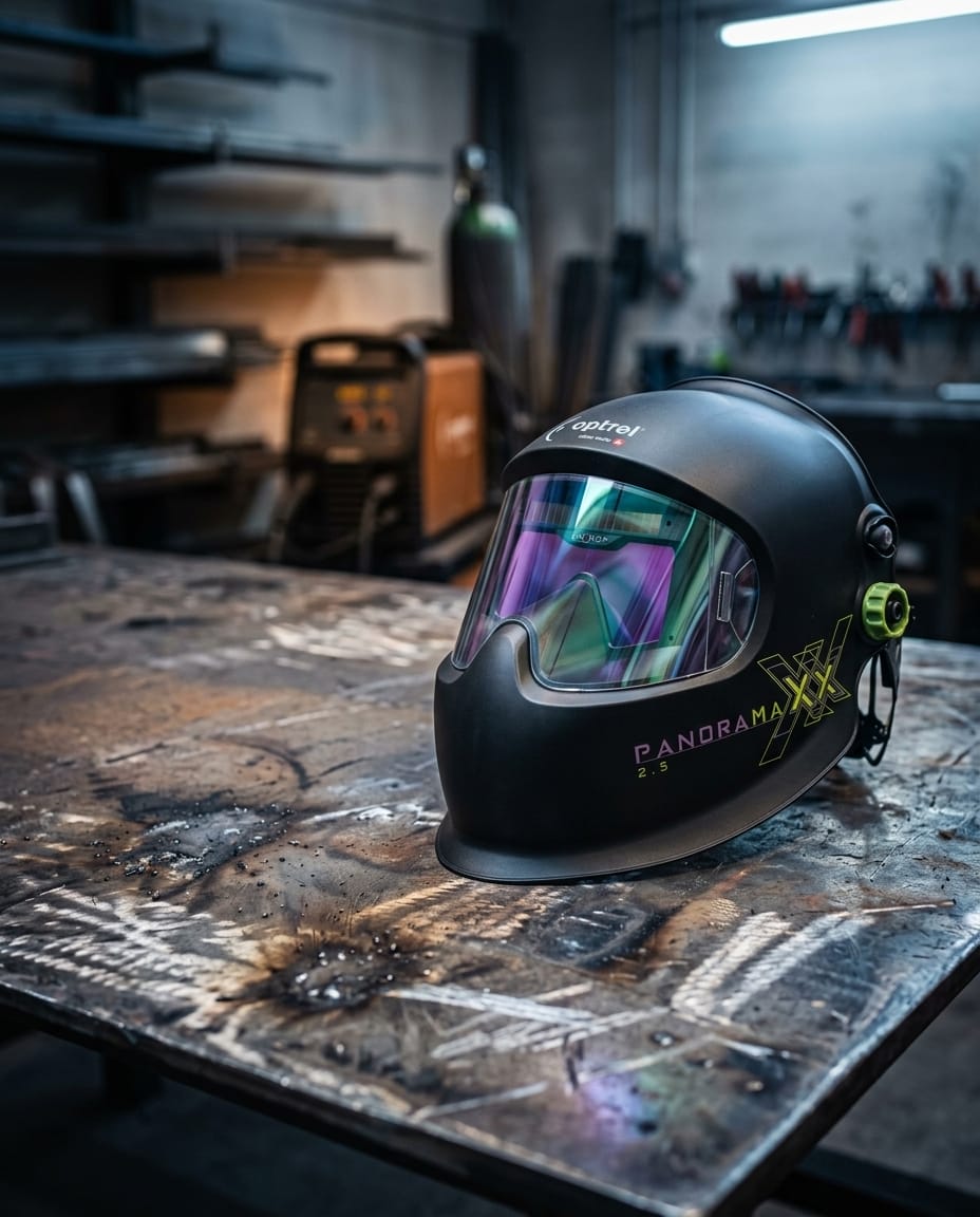 Optrel Panoramaxx welding helmet with iridescent visor on a metal workbench