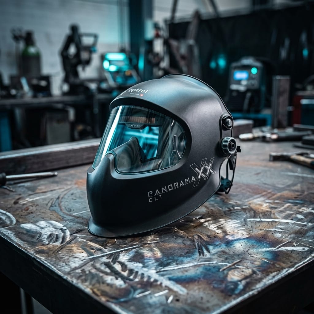 Optrel Panoramaxx CLT welding helmet on a metal workbench