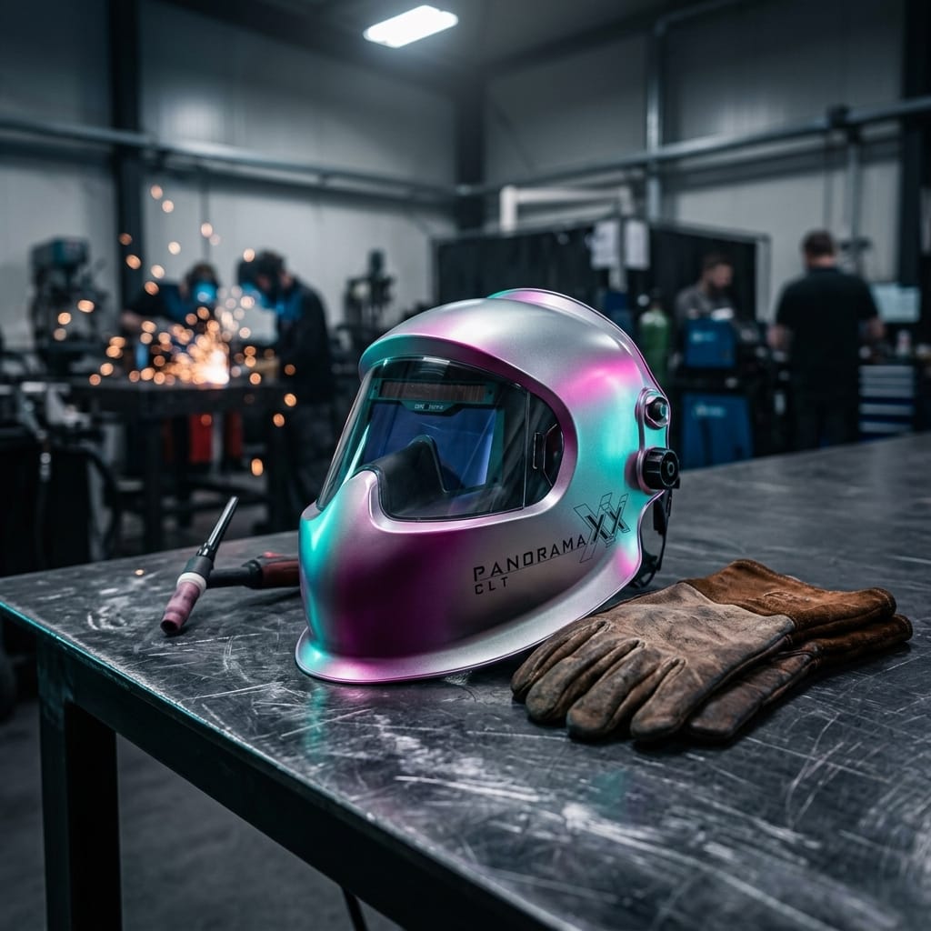 Optrel Panoramaxx CLT welding helmet with leather gloves on a metal workbench in a workshop