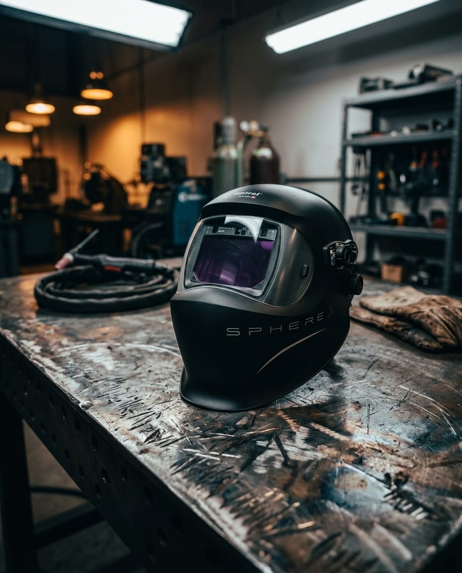 Optrel Spherex welding helmet on a metal workbench in a workshop
