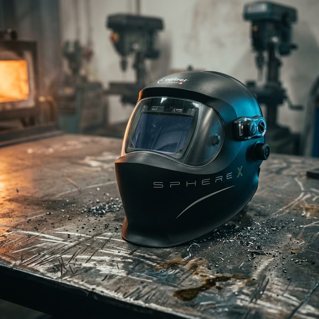 Optrel Spherex black welding helmet on a metal workbench