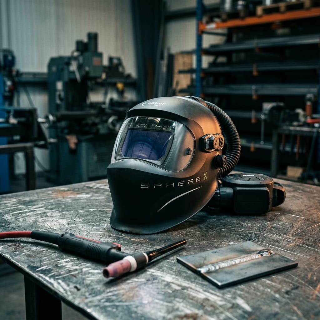 Optrel Spherex welding helmet with air supply system on a metal workshop table