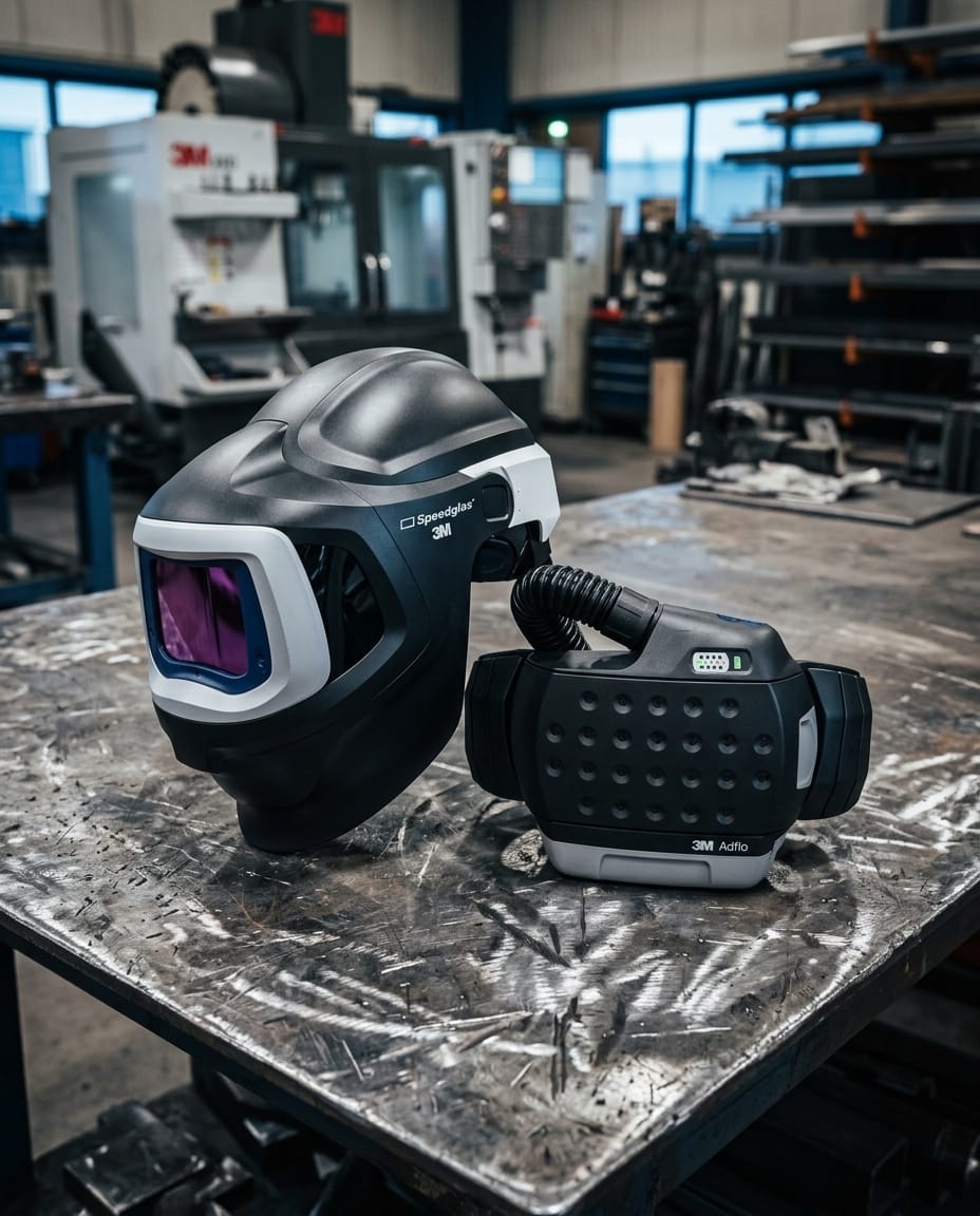 Speedglas welding helmet and 3M Adflo powered air purifying respirator on a metal workbench