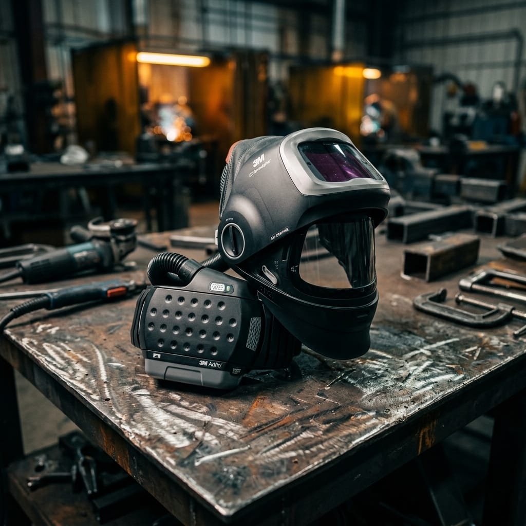 Speedglas welding helmet with Adflo powered air purifying respirator on a metal workbench