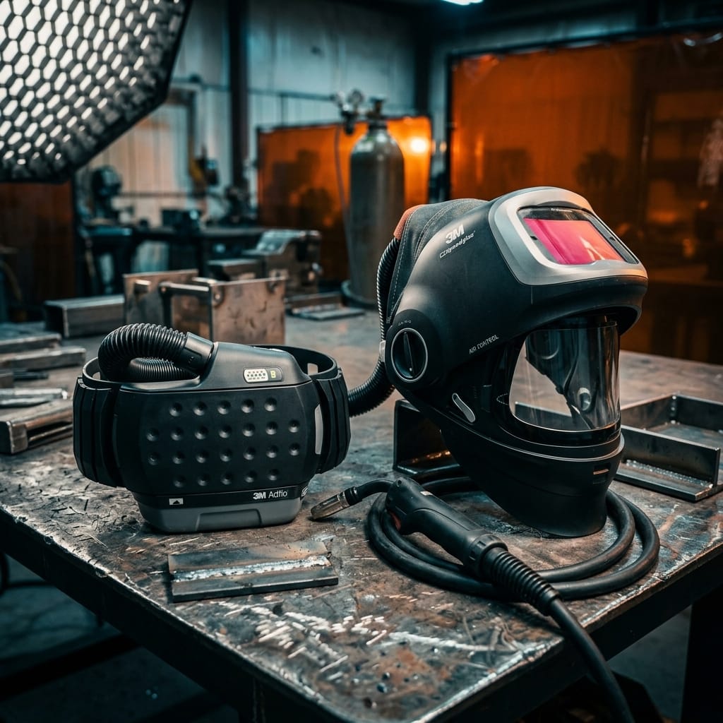 Speedglas welding helmet with Adflo powered air purifying respirator on a metal workbench