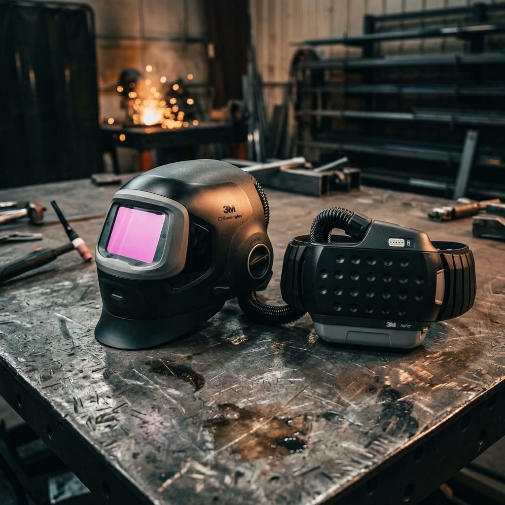 Speedglas welding helmet with Adflo powered air purifying respirator on a metal workbench